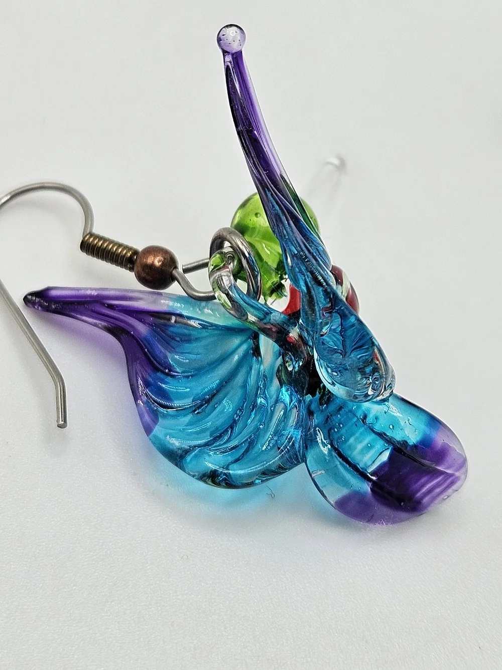 Colorful Glass Hummingbird Dangle Earrings French Wire Purple and Blue